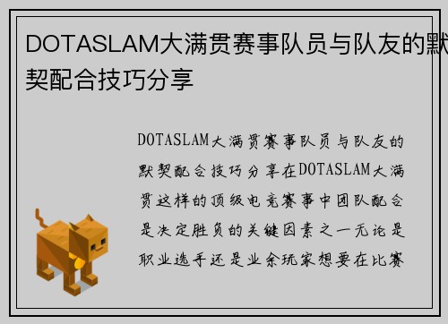 DOTASLAM大满贯赛事队员与队友的默契配合技巧分享